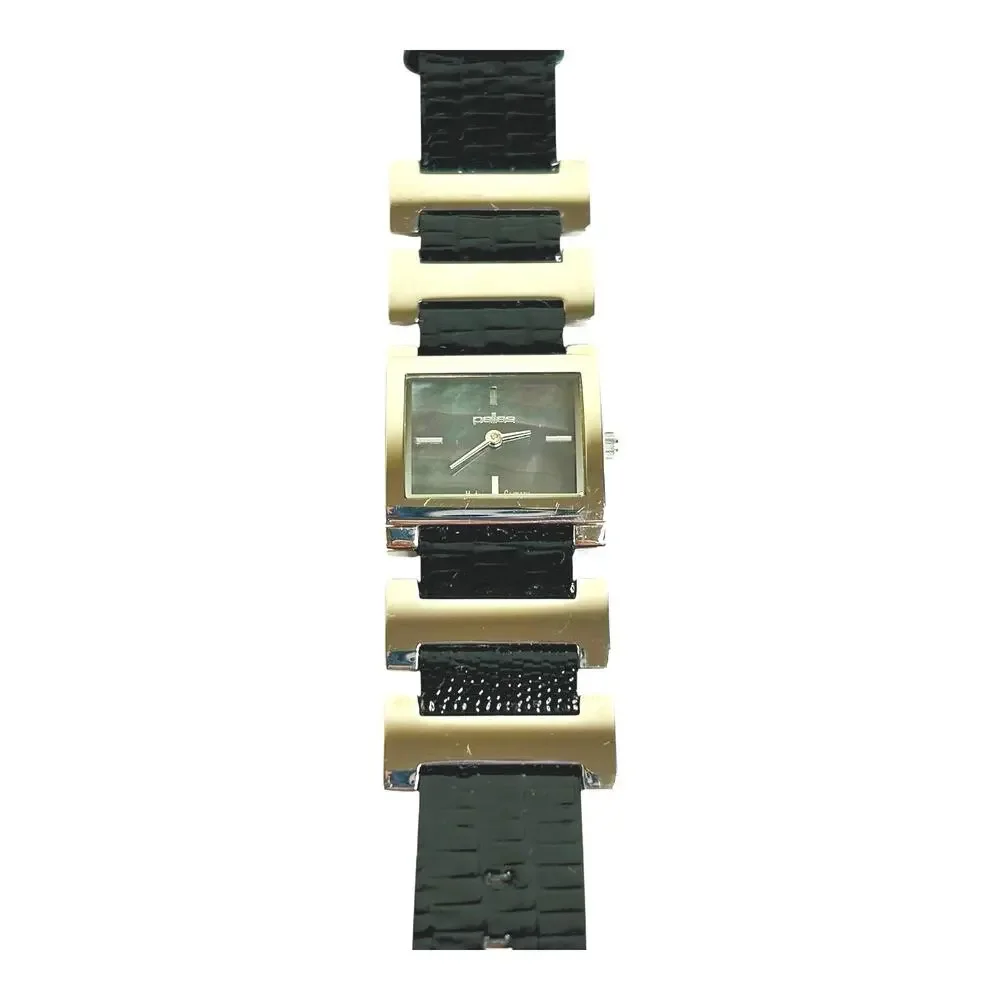 Pallas Watch Made in Germany Silver Tone Bezel Accents Face Black Leather Band